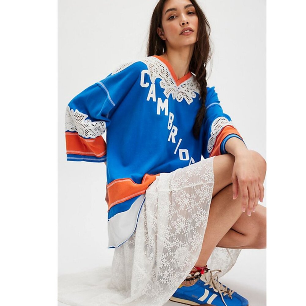 Free People Blue and Orange Short Sleeve Top